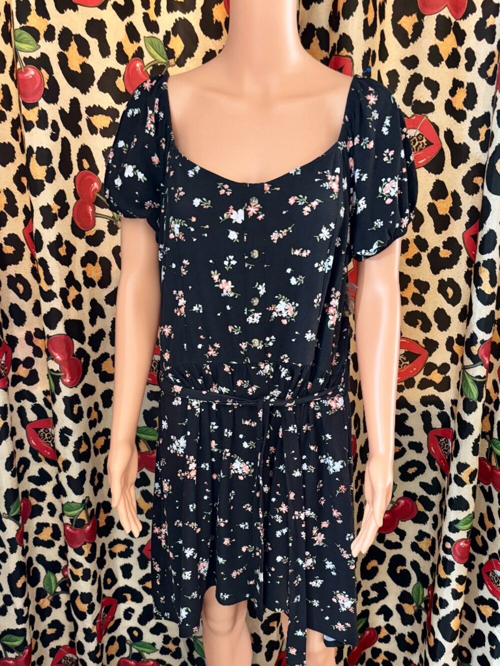 NOBO No Boundaries XL Floral Mini Dress Puff Sleeve Cottagecore Black Tie Waist